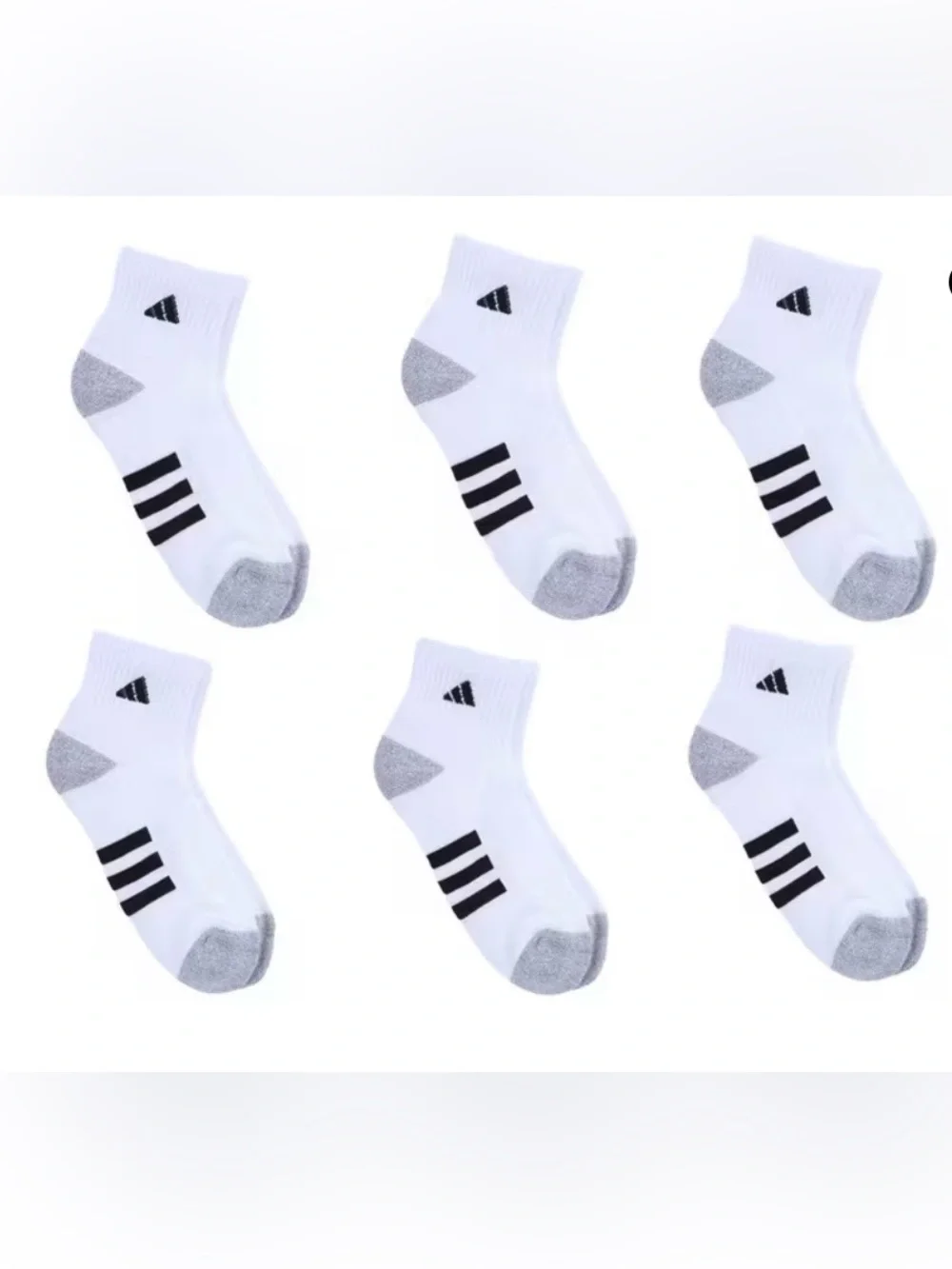 adidas NWT Boys White Ankle Socks with Gray Heel & Black Stripes - 6 Pack 5Y-7Y